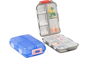 BAFIWU Pilulier Portable, Pillulier Petite Capacite, 2 Pièces Boite Medicaments Voyage avec 10 Compartiment, Mini Pilulier de Poche Boite Medicaments Rangement Boite a Pilules de Poche (Bleu + Gris)