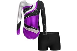 JanJean Kinder Mädchen Gymnastikanzug Glänzend Ballettanzug Langarm Turnanzug Ballett Trikot mit Kurze Hose Wettbewerb Tanzkostüm