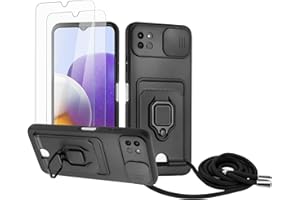 Zallagre Handykette Hülle kompatibel mit Samsung Galaxy A22 5G.[2 Stück] Schutzfolie Glas,Kameraschutz,360 Grad Ringhalter Stand,Kartenfach,Silikon hülle-Schwarz