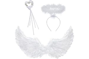 VAMEI Engelsflügel Weiß 60CM Engel Kostüm Kinder Erwachsene mit Halo Stirnband Zauberstab Federflügel Engel Kostüm Damen Halloweenkostüm Fasching Kostüme für Halloween Karneval Amor Rollenspiele(Weiß)