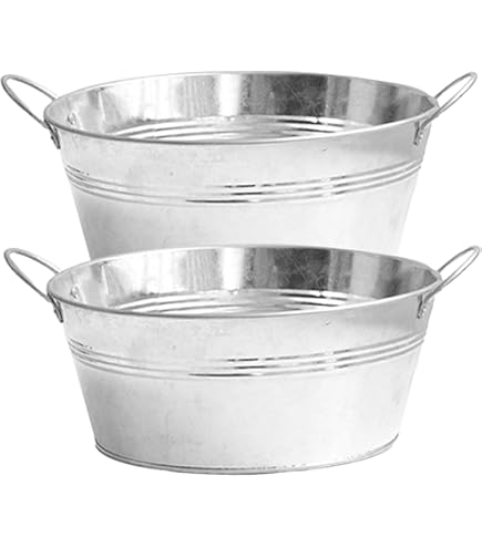 2 Bacs Galvanisés Ronds Avec Poignées - 24,8x11 Cm (9,76x4,33") - Zinc - Pour Jardin, Plantation, Seau à Glace, Décoration