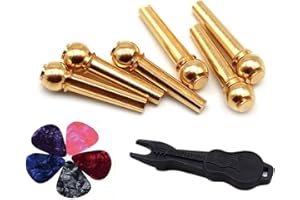 Alnicov 6 Stück Messing Gitarre Brücke Pins Endpin mit Brücke Pin Puller Remover & 5 Gitarrenplektren für Gitarre Bridge Pins Pegs Gitarrenparts
