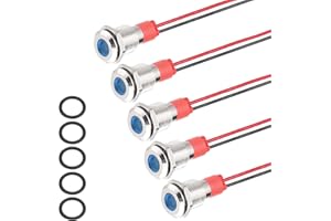 PATIKIL 5Pcs 10mm(3/8") Indicator Light,12V-24V AC/DC 20mA LED Metal Signal Lamp Waterproof IP67 Flat Head Signal Lights with 150mm(5.9") Cable for Boat Car,Blue
