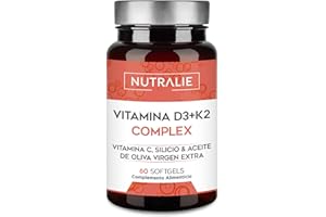 Vitamina D3 y K2 10000 UI - Vitamina D Alta Dosis | Sistema Inmunitario Huesos Músculos | D3 K2 MK7 Natural con Vitamina C y Aceite de Oliva Virgen Extra | 60 Softgel Nutralie