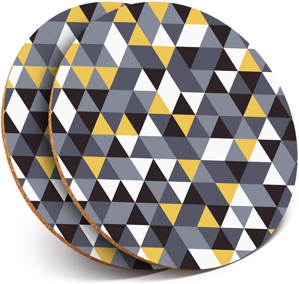 2 x Round Coasters - Yellow Grey Black Triangle Pattern - Cork Backed Home Kitchen Accessory Tea Coffee Mug Mat #24585