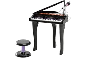 HOMCOM Piano Infantil 37 Teclas Teclado Electrónico Juego de Piano con Micrófono Taburete Luces y 22 Canciones USB/MP3 Karaoke Modo de Enseñanza Negro