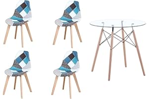 HJhomeheart Tavolo da Pranzo Rotondo con 4 Sedie da Pranzo per Sala da Pranzo, Cucina, Soggiorno, Tavolo da Pranzo in Vetro e Sedie Blu