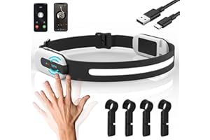 DEALSWIN Latarka czołowa Bluetooth LED do ponownego ładowania, 230° jaśniejsza lampa czołowa z czujnikiem ruchu, nowy telefon i funkcja muzyki, lekka, wodoszczelna latarka czołowa nadaje się do biegania na