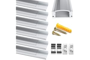 Chesbung Profilé Aluminium LED - 6x1mètre Aluminium Profilé U-forme pour Bandes à LED, Compact Finition Professionnelle avec Transparent Couvercle,Embouts,Clips de Montage en Métal,Embouts