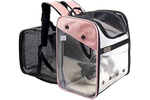 KIEPOAR Sac de Transport Chat Petit Chien 10kg, Sac à Dos Extensible Transparent pour Animaux, Pliable Spacieux Respirant avec Matelas en Peluche, Grand Transporteur pour Voyage on Train Voiture Avion (Rose)