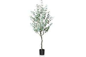SOGUYI Artificial Eucalyptus Tree 4ft Tall Fake Silver Dollar Leaves Eucalyptus Plants Faux Silk Eucalyptus Stems, Come with Woven Seagrass Belly Basket Artificial Plant for Home Decor Indoor