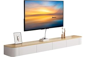 MWIDCIEW Mobile TV Sospeso Soggiorno Moderni Opzione da 120-300 cm Preassemblata Mobiletto Porta TV Bianco e Legno con Cassetti Mobili Televisione da Parete Camera da Letto o Sala di, 200 cm