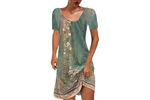 Damen Sommer A Linie Kleid Kurz Elegant Shirtkleid Knielang Minikleid Baumwolle Leicht Sommerkleid Vintage Kurzarm Blusenkleid Blumen Boho Kleider Bequem Tunika Strandkleid Freizeitkleid