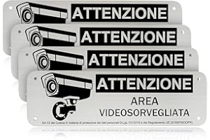 REIGY Cartello Area Videosorvegliata Alluminio da Esterno 15x5 cm, 4pcs Area Sottoposta a Videosorveglianza Adesivo GDPR, Cartelli Privacy Telecamere Sorvegliata per Proprietà Privata