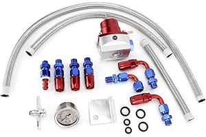 KIMISS Regolatore di pressione carburante universale regolabile per auto, kit manometro per carburante in acciaio inox 304 con manometro 100PSI(rosso + argento)=regolatore pressione benzina