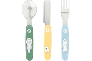 Badabulle Couverts métal, 3 couverts, Fourchette, couteau et cuillère, en acier inoxidable, 12m+