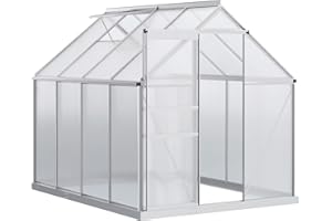 Outsunny 6 x 8ft Polycarbonate Greenhouse, Large Walk-In Greenhouse with Adjustable Roof Vent, Garden Green House with Galvanised Base, Sliding Door and Rain Gutter, Silver Tone