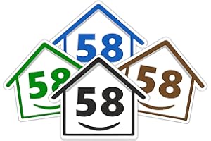 RUBIGO 4 x Bin Numbers for Wheelie Bins, 1-99, 15cm ‘Happy House’ Colour Design Dustbin Stickers, Easy Application Stick On Number Stickers - Weatherproof Self Adhesive Vinyl – Blue, Black, Green, Brown (58)
