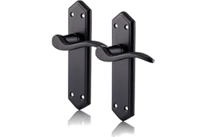 XFORT Black Beauty Range Matt Black London Suite Lever Latch Handles, Shaped Long Backplate Door Handles, Contemporary Door Handle Set for Internal Wooden Doors (1 Pair)