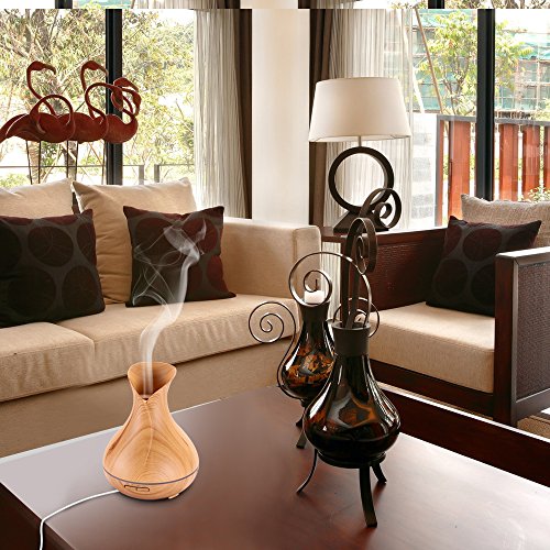 Aroma Diffuser, 400ml Ultraschall Öl Diffusor Holzmaserung Luftbefeuchter Raumbefeuchter Humidifier mit Kalten Nebel Abschaltautomatik LED Farbwechsel (Vase) - 8