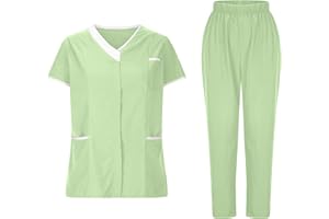 HAOLEI Uniforme MéDicale Unisexes Ensemble De VêTements pour Femme à Col en V Haut Et Pantalon éLastique D'InfirmièRe Tenue Aide Soignante Professionnelle MéDical Blouse avec Poches