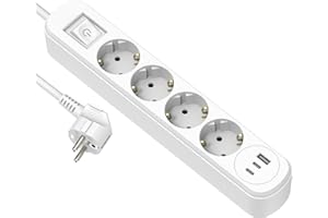 Electraline 62520 Regleta Base Multiple de 4 Tomas Schuko 16A + 3 USB (1 USB A + 2 USB C PD20W) con interruptor, Color Blanco, Cable 1.5M