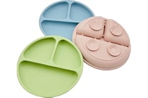 Bojiwavawd Silicone Baby Self Feeding Suction Plates for Toddlers Weaning, 3 Pack Non Slip Divided Feeding Plates Unbreakable Divided Dishes for High Chair Tray (Blue Olive Pink)
