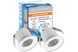 Sigmaled Lighting, mini-LED-spotlight 3 W, dimbar, varmvit 3 000 K, 300 lumen, rund infällbar spott, 220/240 V AC, 2-pack (1