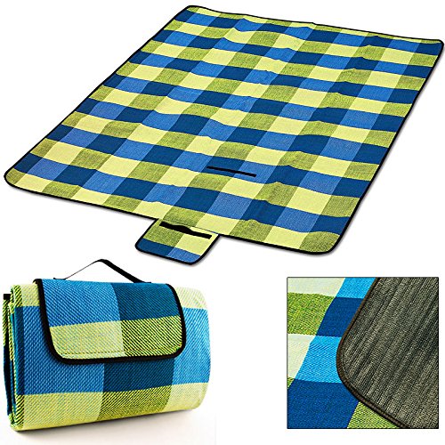 Picknick Decke XXL 200 x 200 cm mit Tragegriff isolierende Unterseite hellblau gelb Beach Decke Picknickteppich Campingdecke