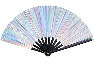 JERBRO Handfächer Holografischer Rave-Fan Chinesische Handheld Faltventilatoren Iridescent Fan für Festivals Dekor Hanfu Club Ereignis Party Tanz Leistung Bekleidungszubehör (Silber)