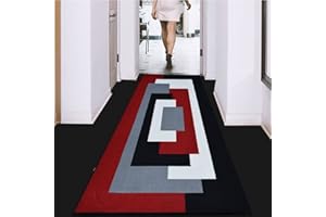 RUGS INN Hallway Runner for Hallway Decor - Flat weave Non Shed Thick Geometric Abstract Rug - Kitchen Rugs Non Slip Washable Large Rug Floor Mat, 60 x 220 cm, Black Red