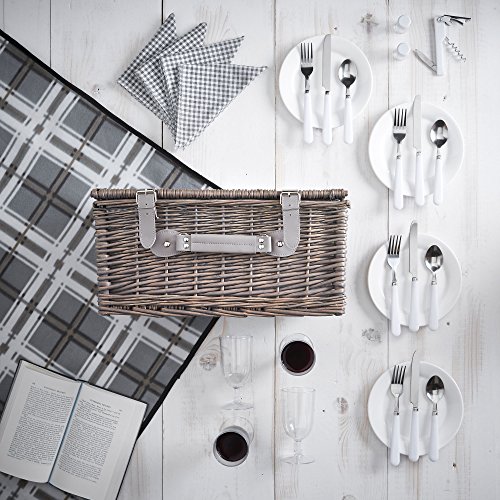 VonShef Deluxe 4 Personen Traditioneller Weidenkorb Picknickkorb mit Besteck, Tellern, Gläsern, Geschirr & Vliesdecke – Grauer Gingham - 2