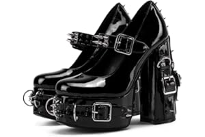 Frankie Hsu Boucle de ceinture gothique en cuir verni noir pour femme - Avec rivets brillants et sexy - Plateforme à talons hauts - Sangle de cheville