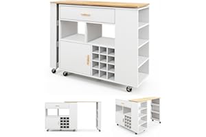 COSTWAY Kitchen Island on Wheels, 2-in-1 Reversible Rolling Storage Trolley with Rotatable Rubber Wood Tabletop, 4 Side Cubbies, Wine Rack & Adjustable Shelves, Serving Utility Cart, 185 x 40 x 100cm