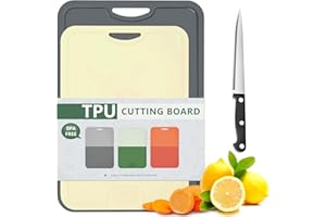 Gintan 2 Pack Flexible TPU Chopping Board, BPA-Free, with Knife and Juice Groove, Scratch-Resistant Flexible Chopping Boards for Kitchen, Dishwasher Safe, Non-Slip Handle, Non-Slip (Grey + Yellow)