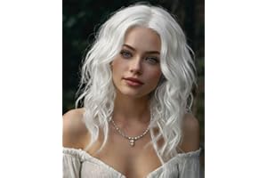 PORSMEER Biała krótka peruka, naturalna koronkowa linia włosów, peruki ze środkową częścią, długość do ramion, krótka, falowana, syntetyczna peruka bob, realistycznie wyglądające peruki do codziennego