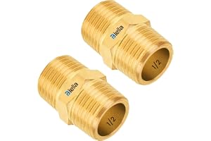 Biella™ BSP Male Solid Brass Hex Nipples, Heavy Brass Pipe Adapter Fittings Equal Nipples Connectors Male Thread Hose Pack of 2 (1/2X1/2)