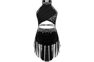 dPois Enfant Fille Robe de Danse Classique sans Manches Strass Robe Danse Lyrique Justaucorps Ballet Latine Tenue de Patinage Artistique 5-16 Ans