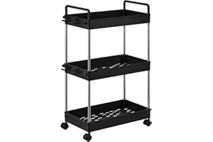 DPWEION 3-Tier Storage Trolley Slide Out Rolling Utility Shelf Rack Storage Cart on Wheels Mobile Shelving Space Organizer for Kitchen/Bathroom/Laundry Room/Office,Plastic & Stainless Steel (Black L)