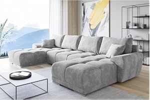 ‎ML FURNITURE LTD Easy London Velvet Ecsofa in U Form Hellgrau – Couch mit Stauraum und Kissen - Ausziehbares Sofa mit Schlaffunktion - Schlafsofa mit Bettkasten – Gästebett – 365 x 189 cm