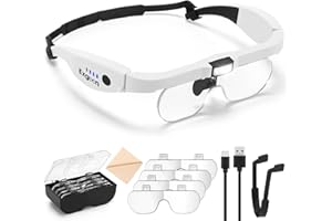 Exgoon Magnifying Glasses with Light, 1.5X to 5X Magnifying Glass with 4 Detachable Lenses, Hands Free Rechargeable Headband Magnifier for Close Work Hobbies Reading Crafts Jewelry (White)