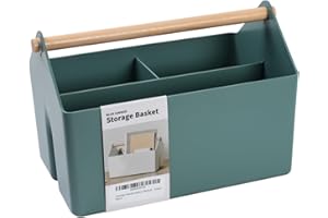 BLUE GINKGO Mittelgroße Aufbewahrungskiste – Kunststoff-Caddy mit Holzgriff für Büro, Bastelbedarf oder Haushaltsartikel (Grün)