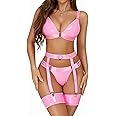 Aranmei Women Sexy Leather Lingerie Set with Garter Belt Bra and Panty Set Babydoll