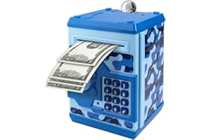 Vommery Hucha para niños de Juguete, Mini Caja Fuerte electrónica para cajero automático Bancos con Bloqueo de contraseña & Desplazamiento automático de Dinero para niños niñas (Azul Camuflaje)