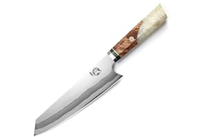 MITSUMOTO SAKARI Cuchillos Cocina Kiritsuke, Cuchillos Cocina Profesional de 440C Damasco de 7 Capas, 21 cm Cuchillos Japoneses Sushi Forjado a Mano (Mango de Granada Blanca y Caja de Regalo)