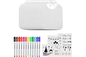 Aitere 15 Stück Lätzchen Bemalen, 26 x 30CM Weißes Baby Lätzchen aus Baumwolle Doppelseitig mit 12 Textilstiften und 3 Malen Schablonen, Baby Lätzchen zum Bemalen - Geschenk für Babyshower Party