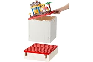 SHIMOYAMA Collapsible Storage Box with Baseplate Lid for Duplo, 25L Stackable Bin with Separate Building Board for Lego, 26 Qt. Folding Container for Lego Duplo Mega Bloks Storage (Red)