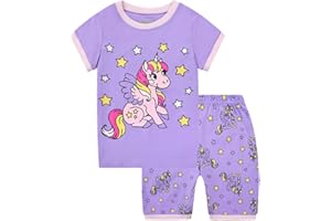 MIXIDON Pigiama Bambine Estivo 100% Cotone, Pigiami Due Pezzi da Ragazze a Maniche Corte con Unicorno, Manica Corta Pantaloncini per Bambina 2-9 Anni