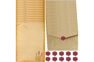 VYZUTR L'ensemble de Papeterie Vintage Papier, Enveloppe Papier à Lettre Ancienne, 10 Enveloppes de Papier, 16 Papier à Lettre Kraft Vintage et 10 Autocollants de Sceau en Cire, pour Invitations (Style D)