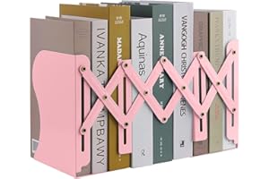 Expandable Metal Bookends, MSDADA Adjustable Book Ends Heavy Duty Book Holder Desktop Book Stand Non-Skid Desk Organizer for Kids Student Home Office School Bookshelf Book Storage(Pink)